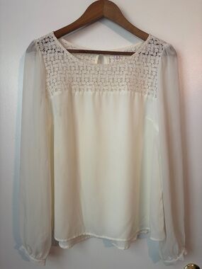 Candie's Cream Lace Yoke Sheer Long-Sleeve Blouse